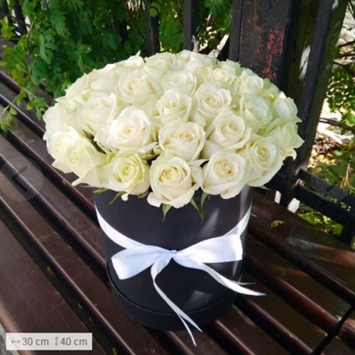 35 White roses in a hatbox